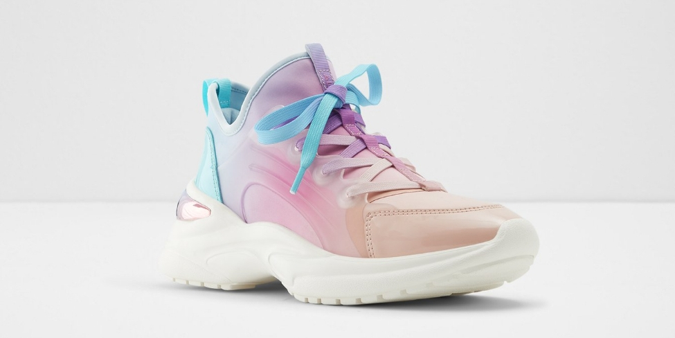 Pastel rainbow colored sneakers with a white sole