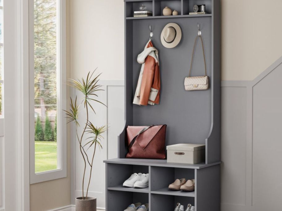 Botho Hall Tree 26.4'' Wide with Bench and Adjustable Shoe Storage in the hall way