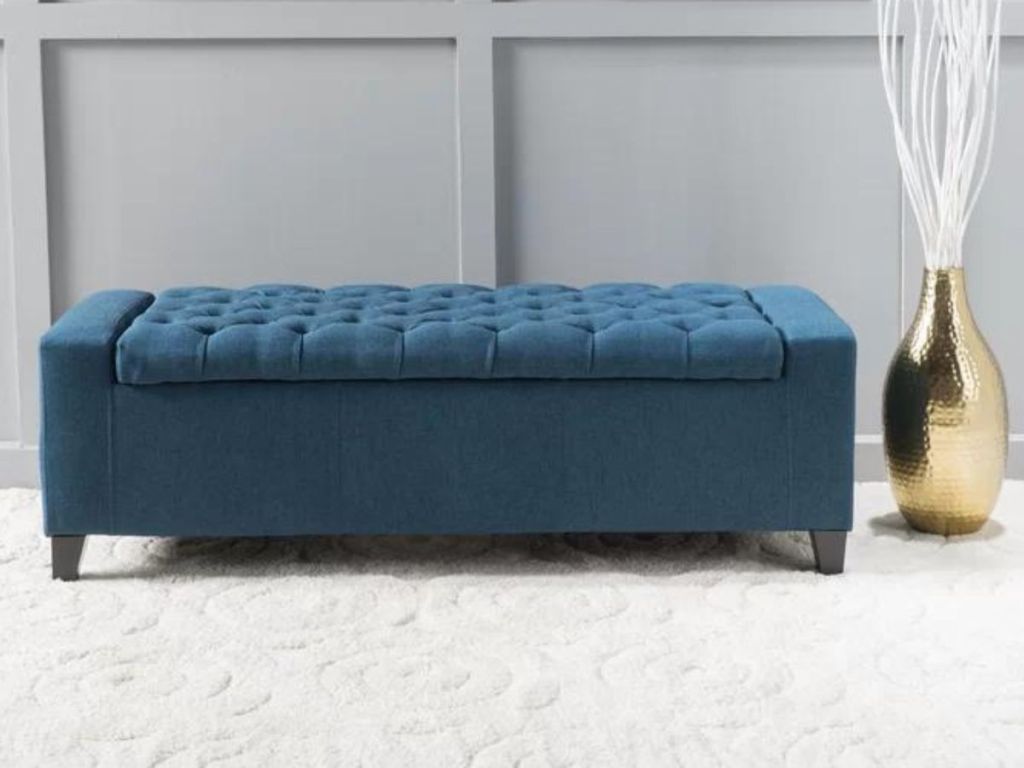 blue tuffed flip top bench