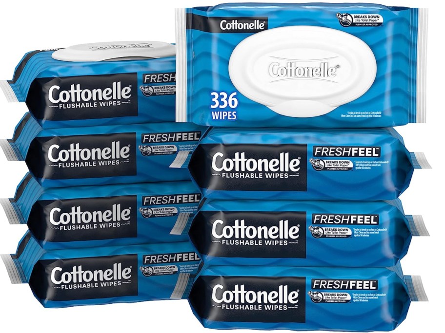 stack of blue packs of cottonelle wipes