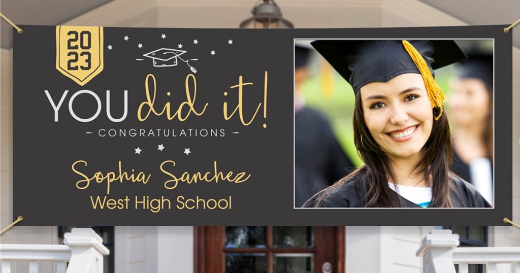 graduation banner hung in front of front door