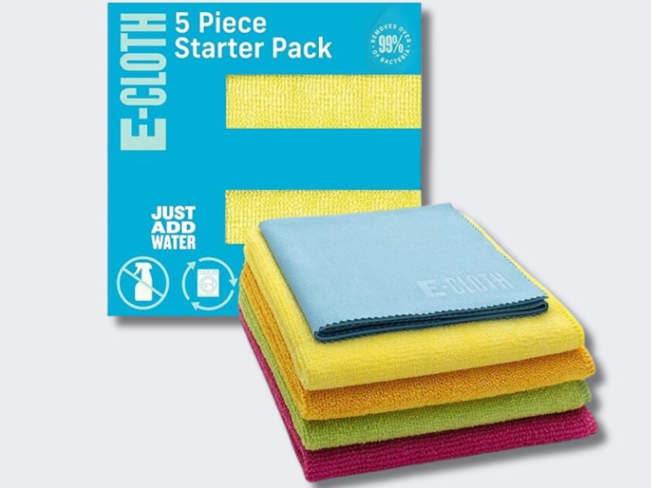 stack of 5 different color microfiber cleaning clothes with the box they onlinee in behind that says "E-Cloth 5-Pack Starter Pack"