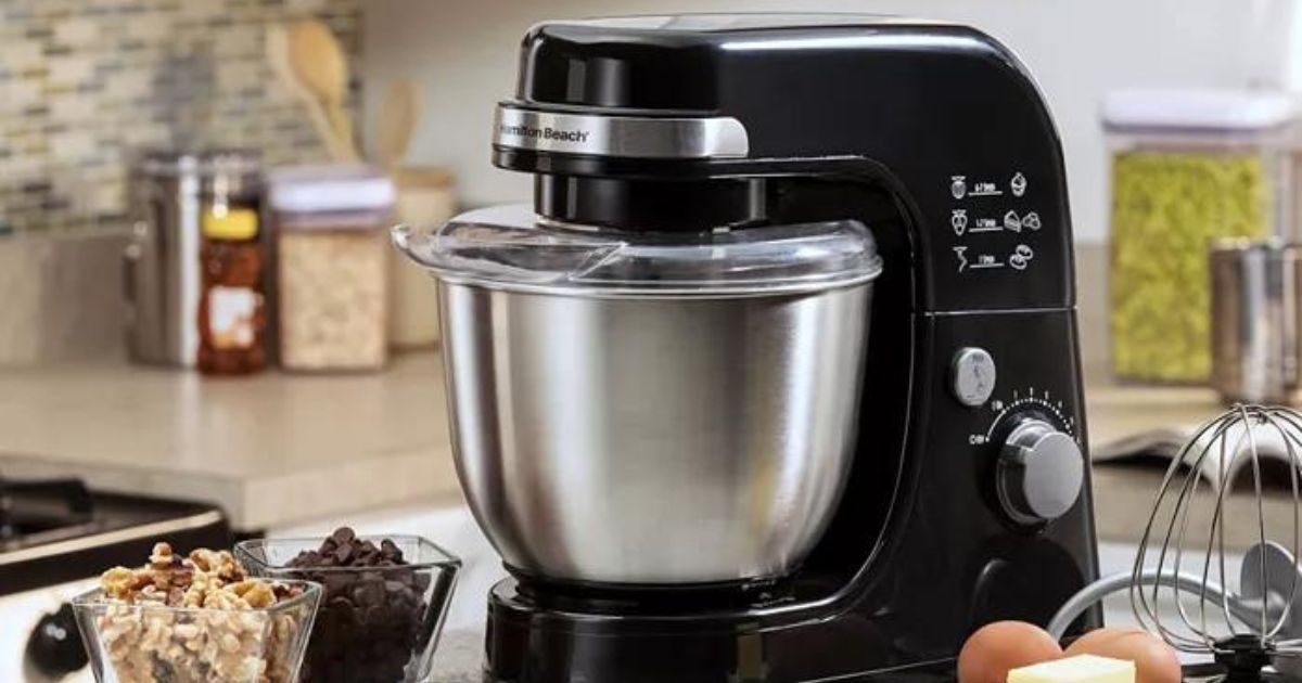 black Hamilton Beach stand mixer on kitchen counter