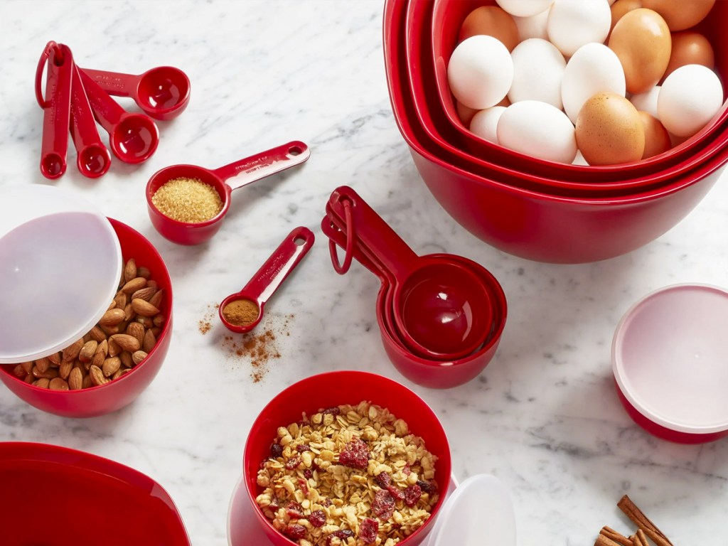 red kitchenaid mixing bowls, measuring cups and spoons set