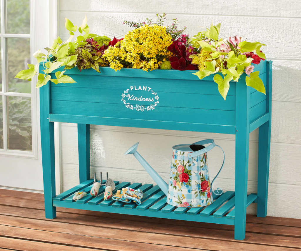 A Pretty Teal Blue Raised Garden Bed from the Pioneer Woman Patio Collection at Walmart