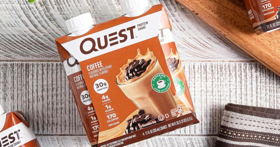 4-count box of Quest Nutrition Coffee Protein Shakes on table