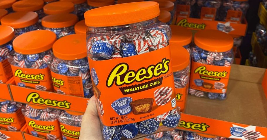 A hand holding Reese's Red, White, and Blue Miniatures Peanut Butter Cups 38oz Jar 