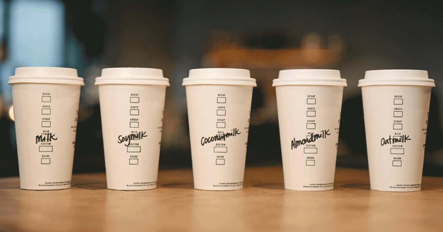 variety of Starbucks cups on counter top