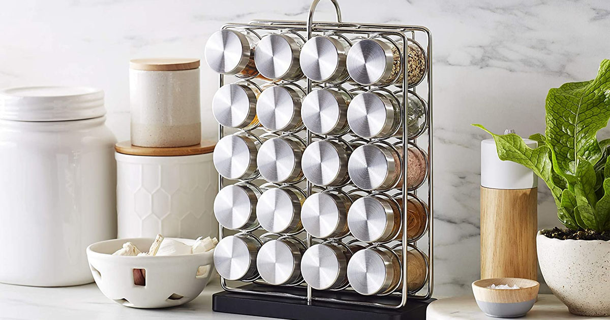 spice jars on rack on kitchen counter