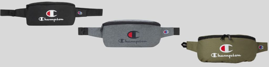 black and red, gray, and green Champion belt bags