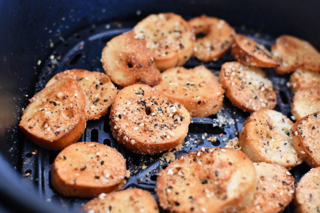 homemade bagel chips inside an air fryer