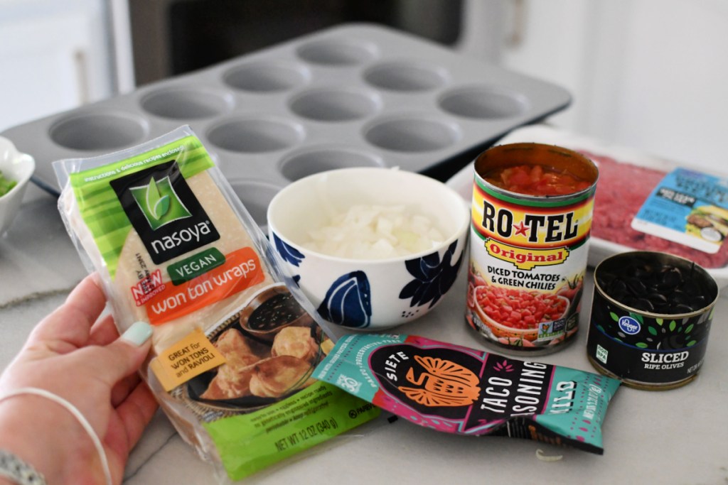 ingredients for easy taco wonton cups on the kitchen counter