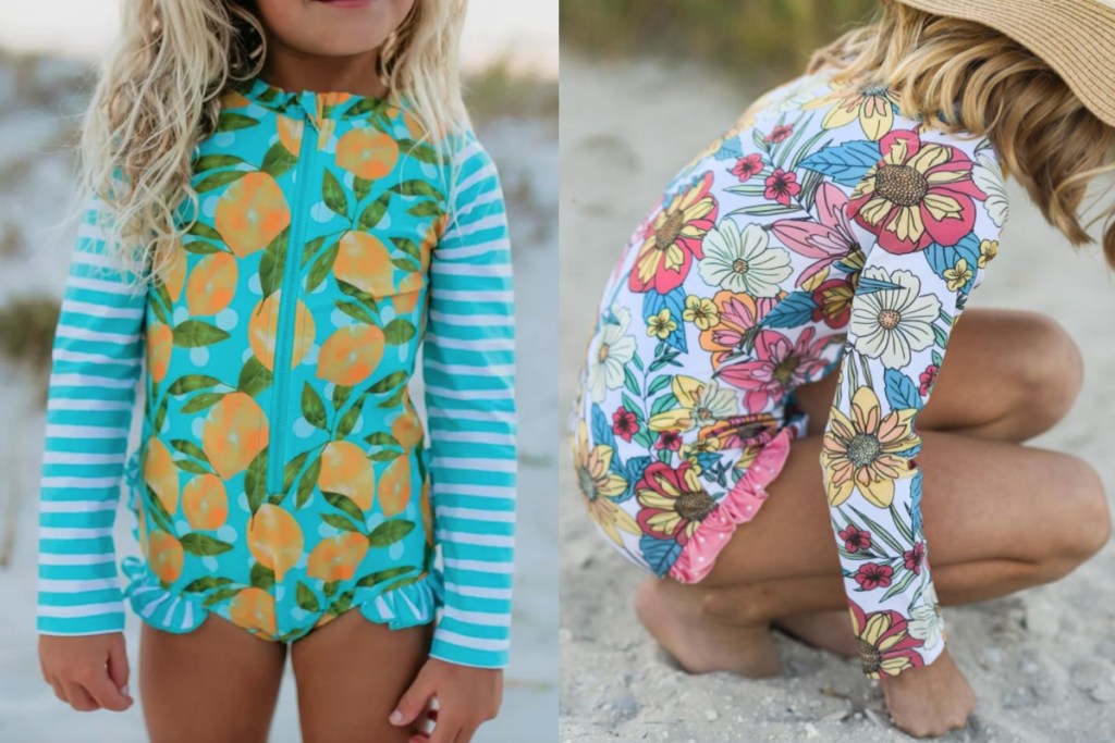 girls wearing lemon and floral rashguards at beach