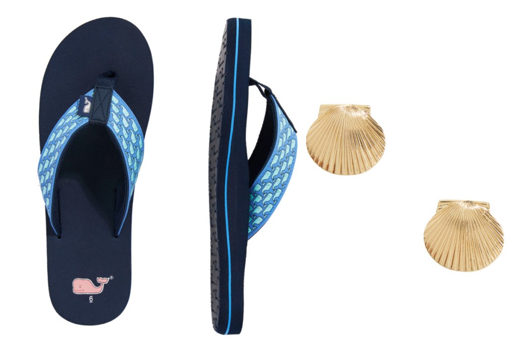 blue flip flops and gold shell earrings