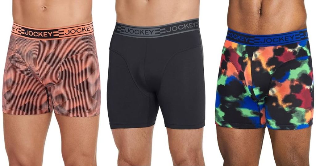 3 men wearing different color Jockey boxer briefs