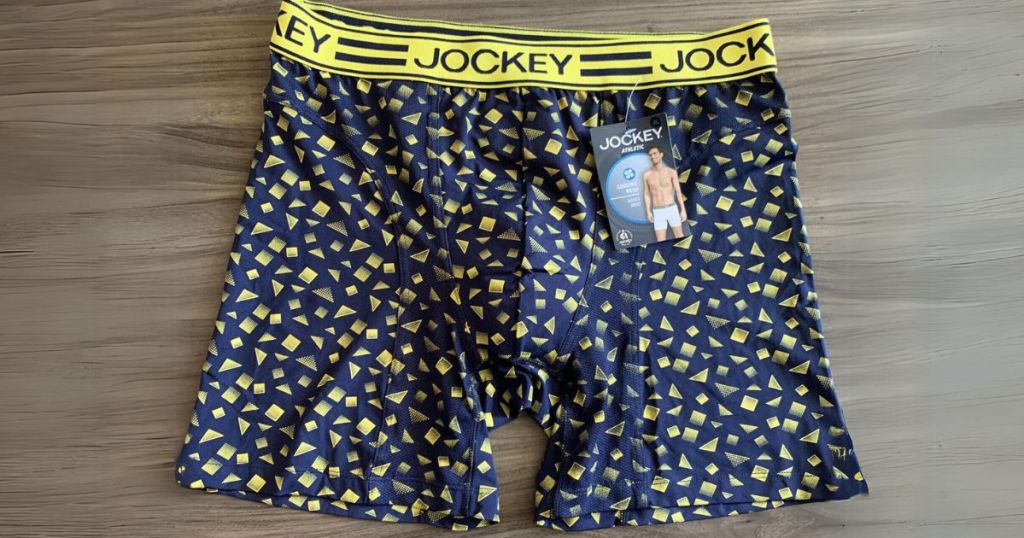 pair of navy and yellow print men's Jockey boxer briefs