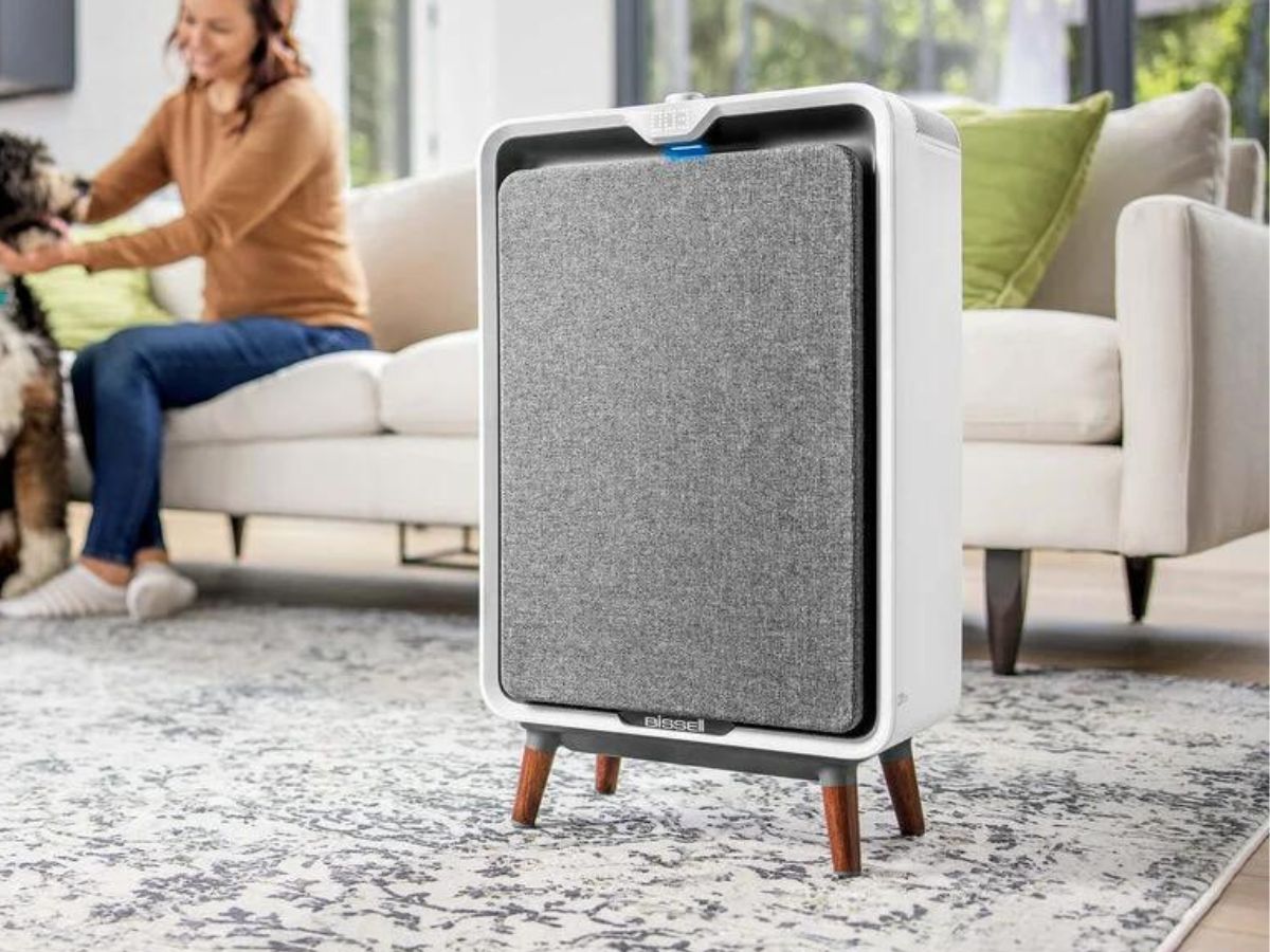 white air purifier on area rug in living room