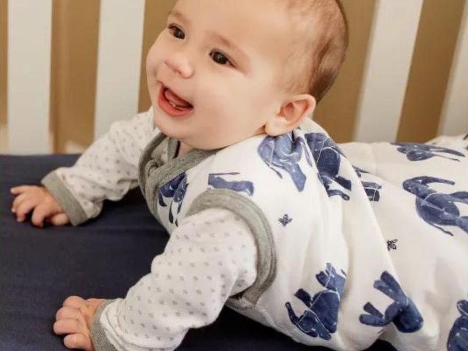 Baby wearing a Burt's Bees beekeeper wearable blanket