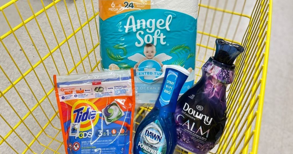 A dollar general shopping cart filled with household items