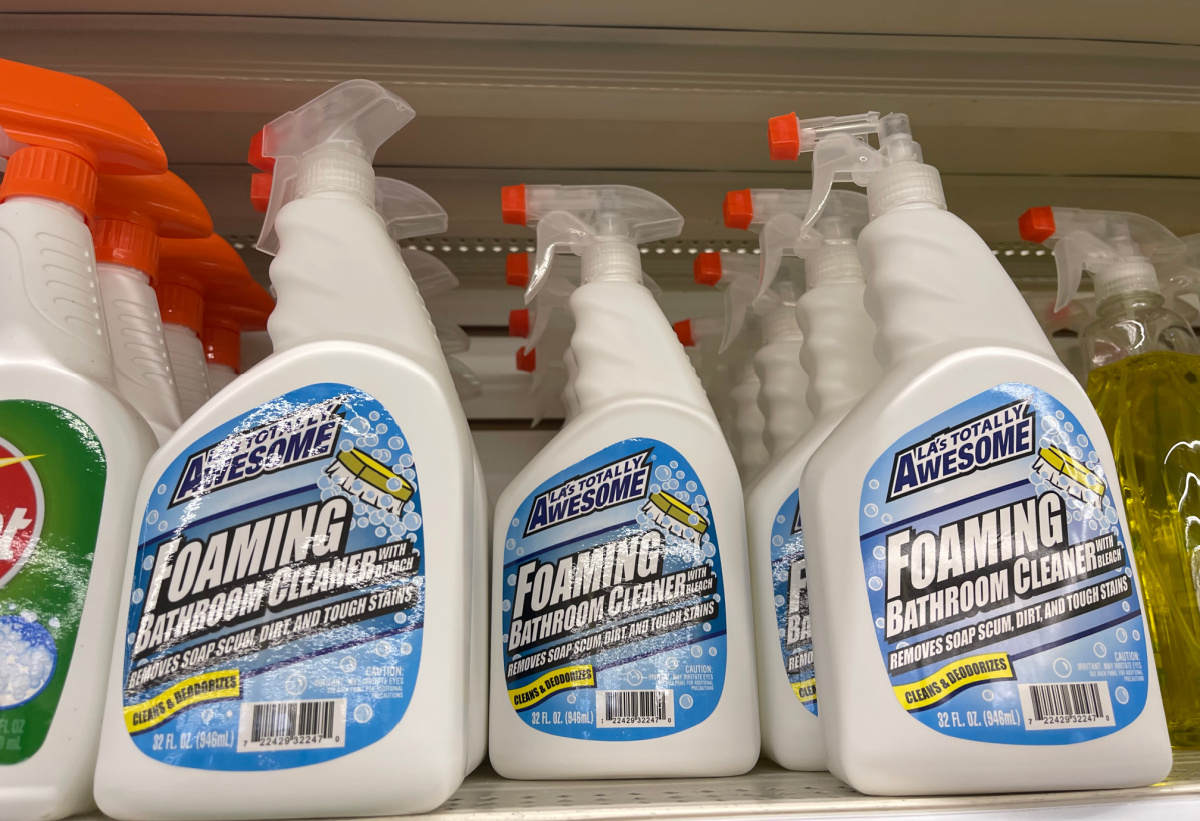 a store shelf with bathroom supplies