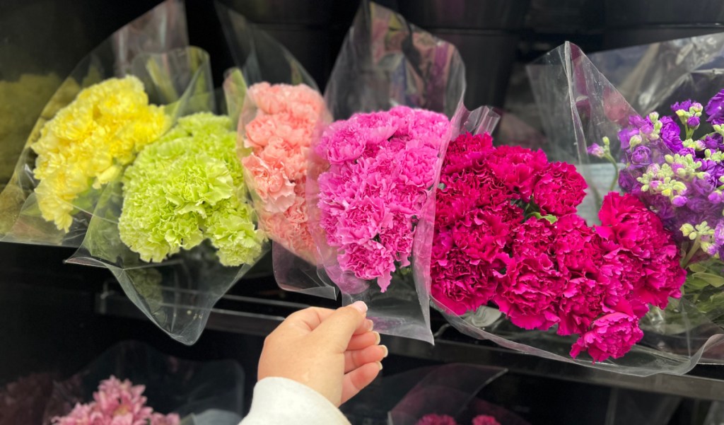 Hand reaching for a bouquet of carnations