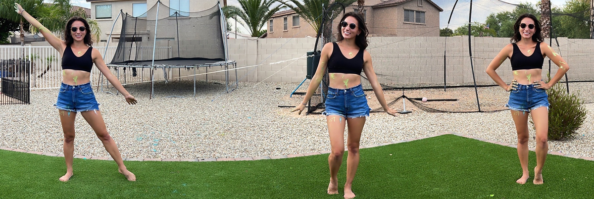 three views of woman in backyard