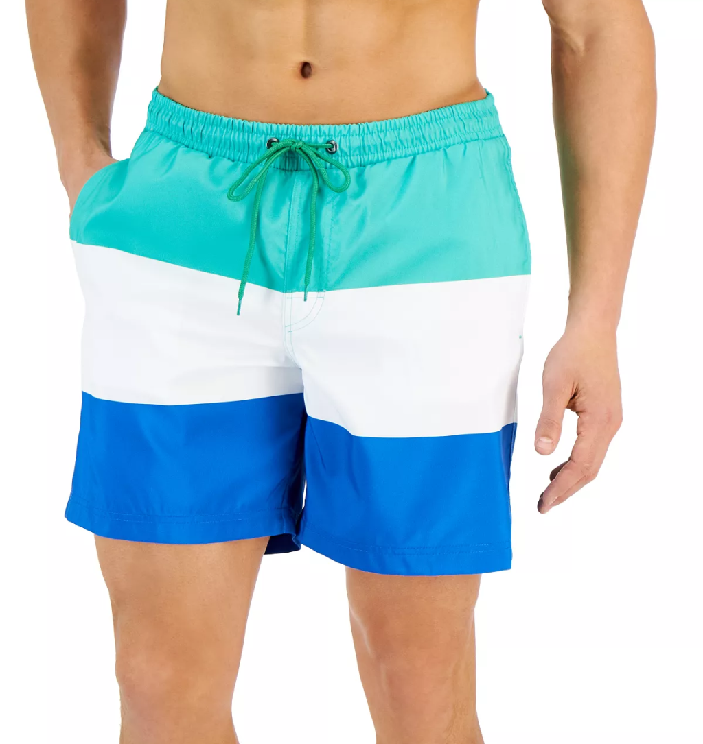 Man wearing striped swim shorts from Macys