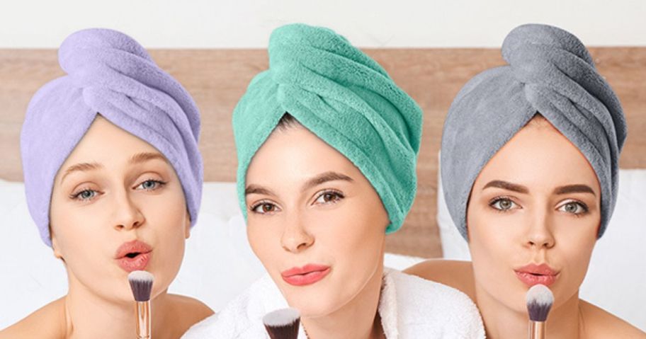 3 women wearing microfiber hair towels 