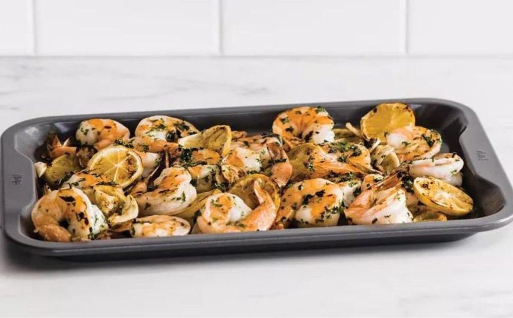 Ninja Foodi Neverstick Baking Sheet Pan with shrimp on it