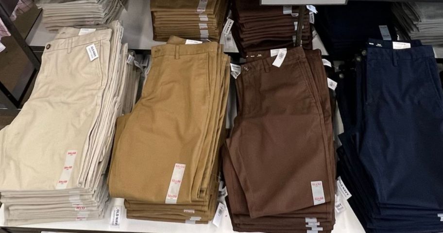 a table of folded Old Navy pants