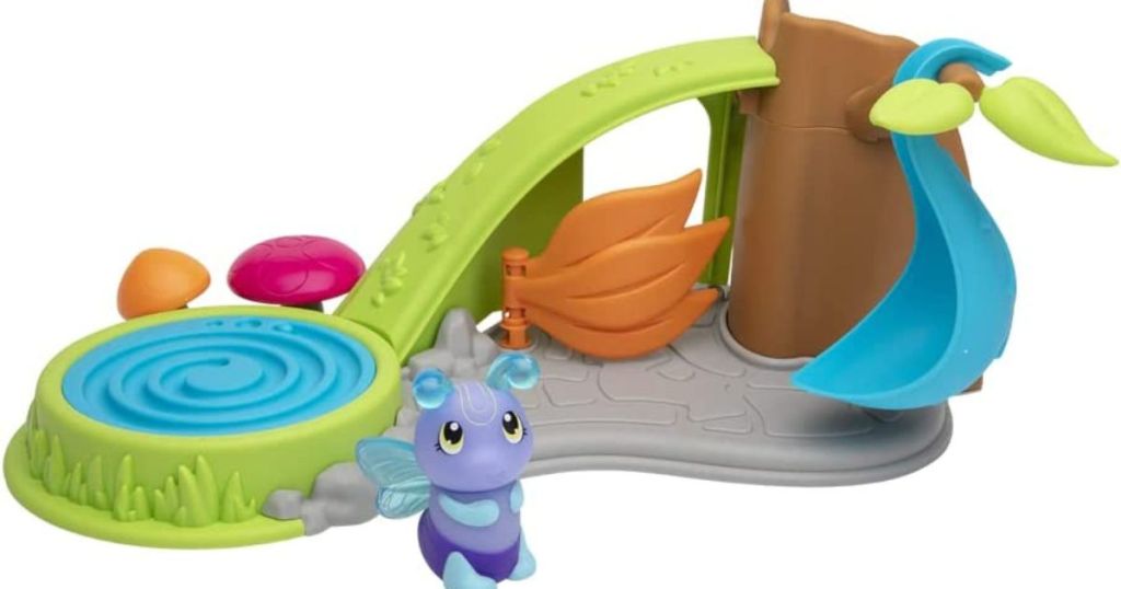 small playset with swirling pond and glowing bug