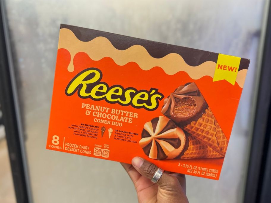 box of reese ice cream cones in hand