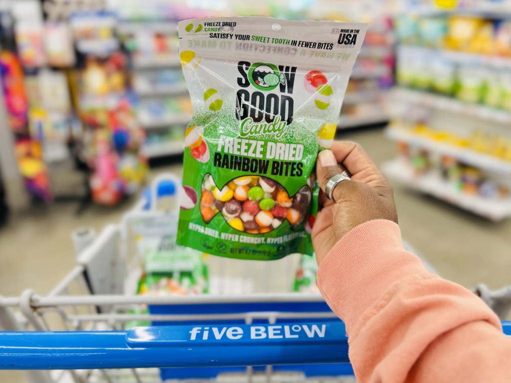 hand holding up bag of Sow Good Freeze Dried Rainbow Bites