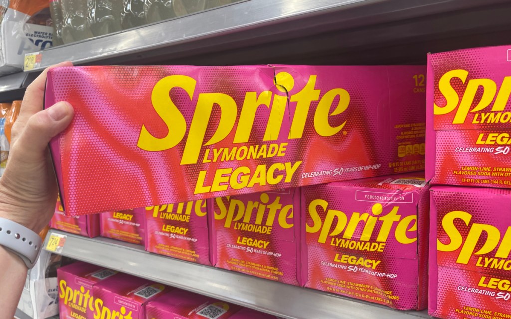 Hand pulling out a 12-pack of Sprite Lymonade Legacy from a Walmart shelf