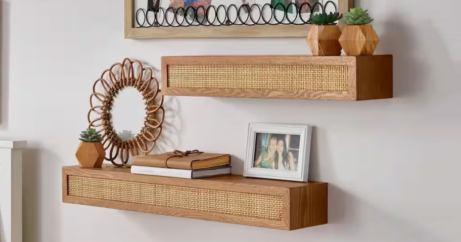 StyleWell Natural Wood Floating Wall Shelves with Rattan Caning Detail 2-Pack