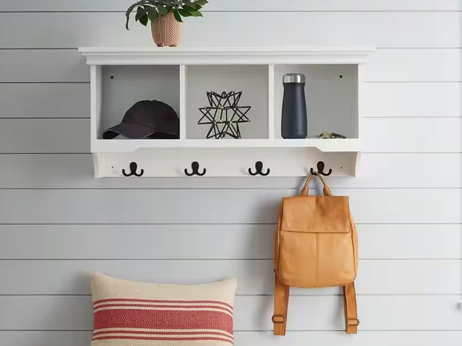 White Wood Floating Decorative Cubby Wall Shelf with Hooks