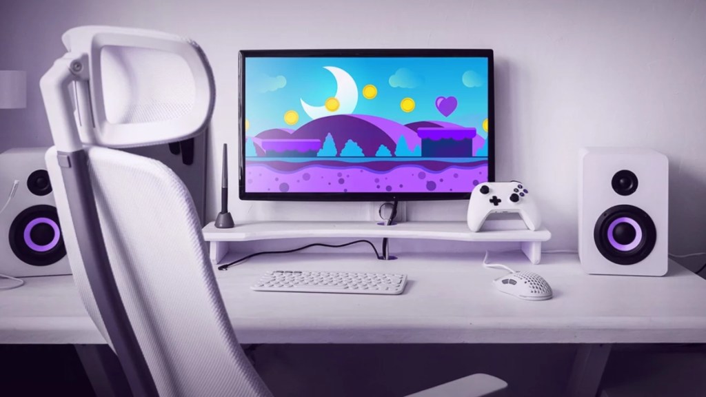 video game monitor on a white desk with white onlineponents