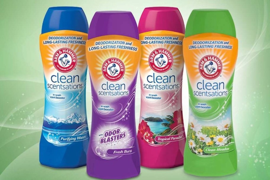 Four varieties of Arm & Hammer Clean Scentsations. Each in a different color bottle.