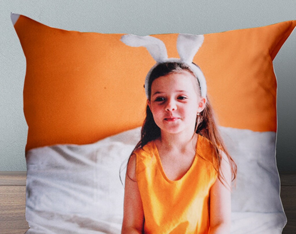 girl with bunny ears photo on a pillow