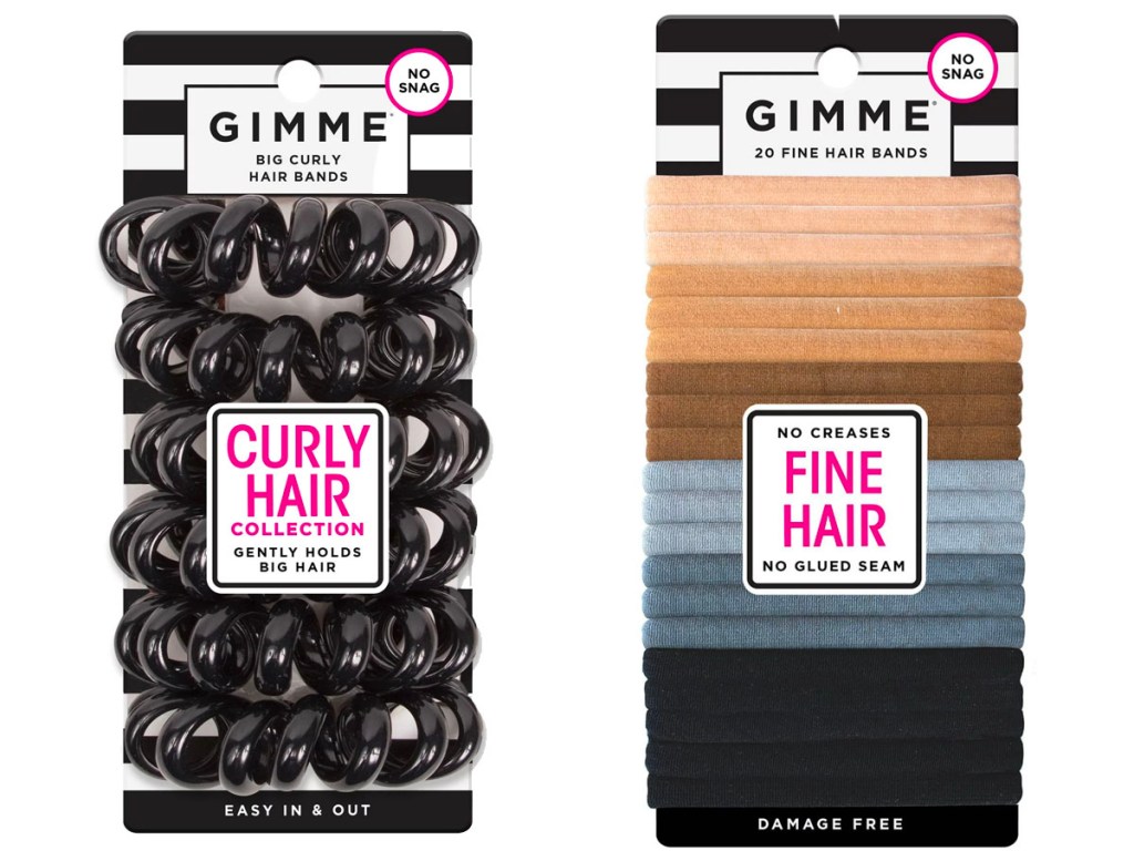 two packs of gimmie hair ties in black and multi-color