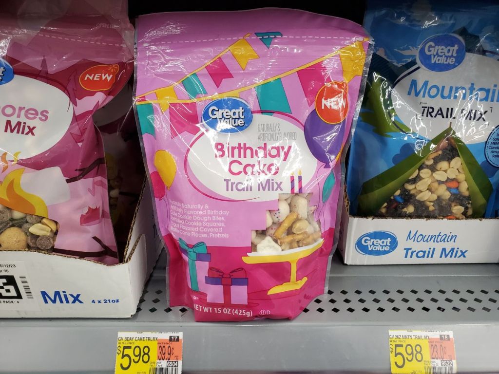 Great Value Birthday Cake Trail Mix on store shelf 