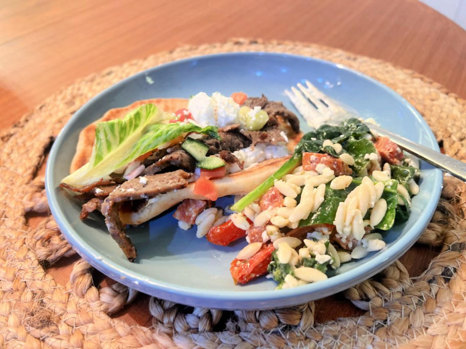 costco gyro on a plate with orzo salad