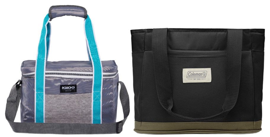 igloo and coleman tote bags in blue and black