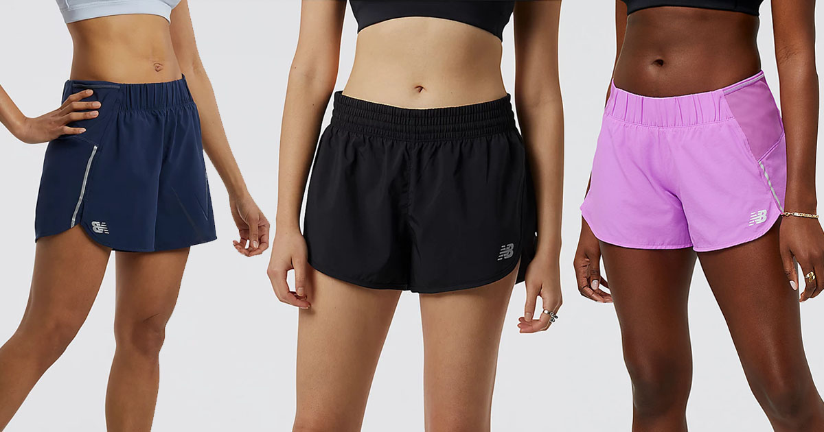 three women wearing new balance shorts in blue, black and purple