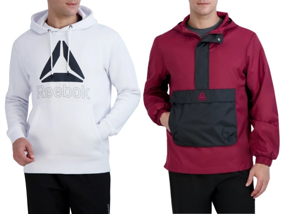 man wearing a white Reebok logo hoodie next to a man wearing a red and black Reebok pullover