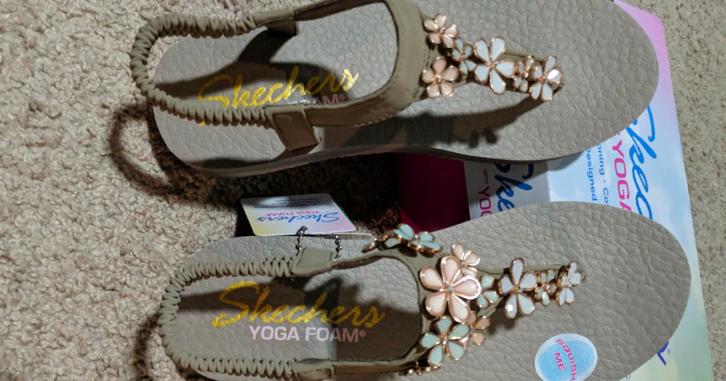 tan sketchers sandals with flowers 