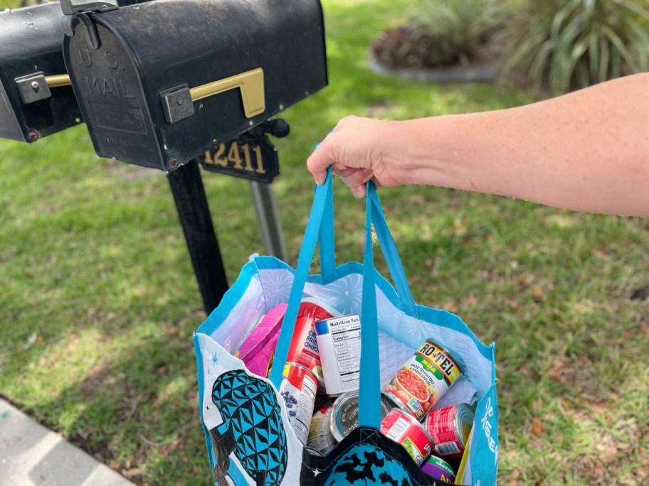 hand holding a bag filled with food donations next to a mail box for the stamp out hunger food drive