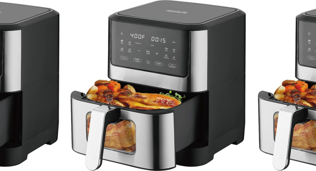 three Frigidaire Digital Air Fryers with food in them displayed