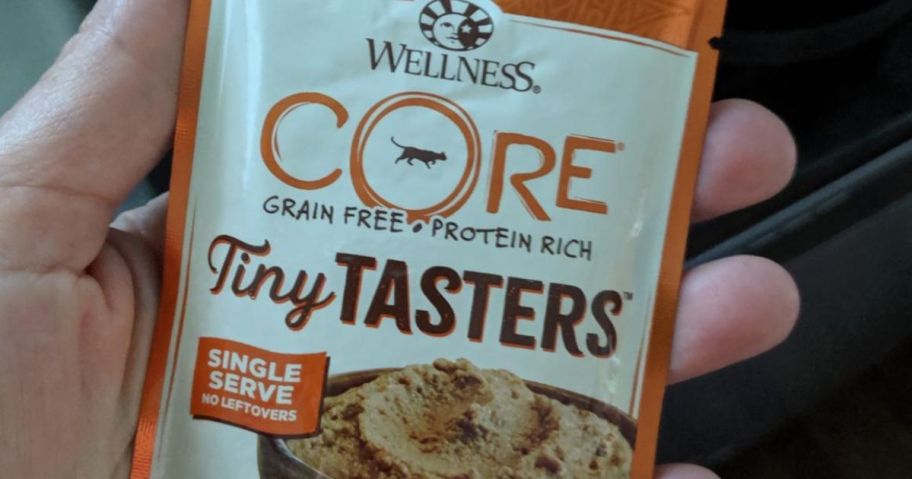 Wellness CORE Tiny Tasters Wet Cat Food, onlineplete & Balanced Natural Pet Food, Made with Real Meat, 1.75-Ounce Pouch, 12 Pack (Adult Cat, Minced Chicken in Gravy) pouch being held by hand