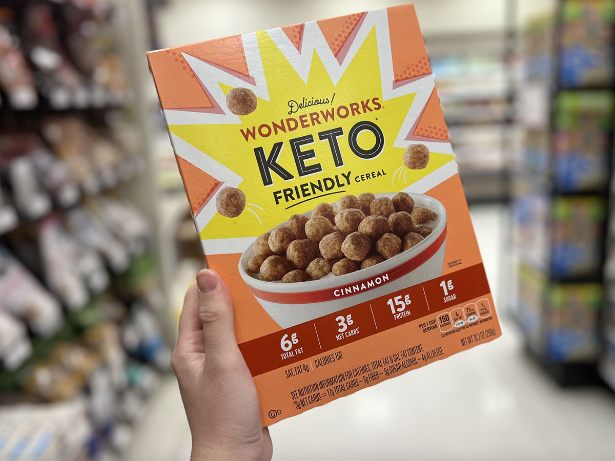 hand holding cinnamon keto cereal 